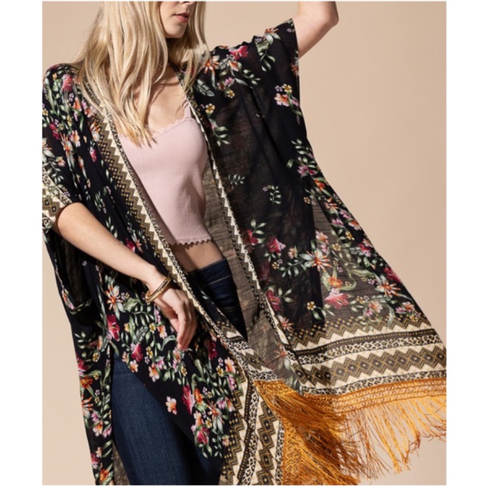 022 Boho Floral Geo Print Tassel Open Front Kimono Cover up - Picture 4 of 5